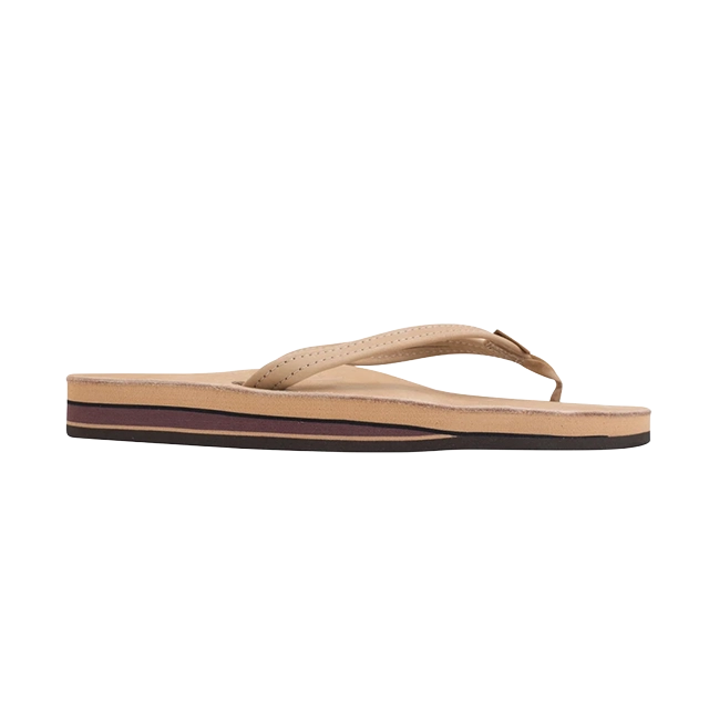 A beige flip-flop sandal with a multi-colored sole.