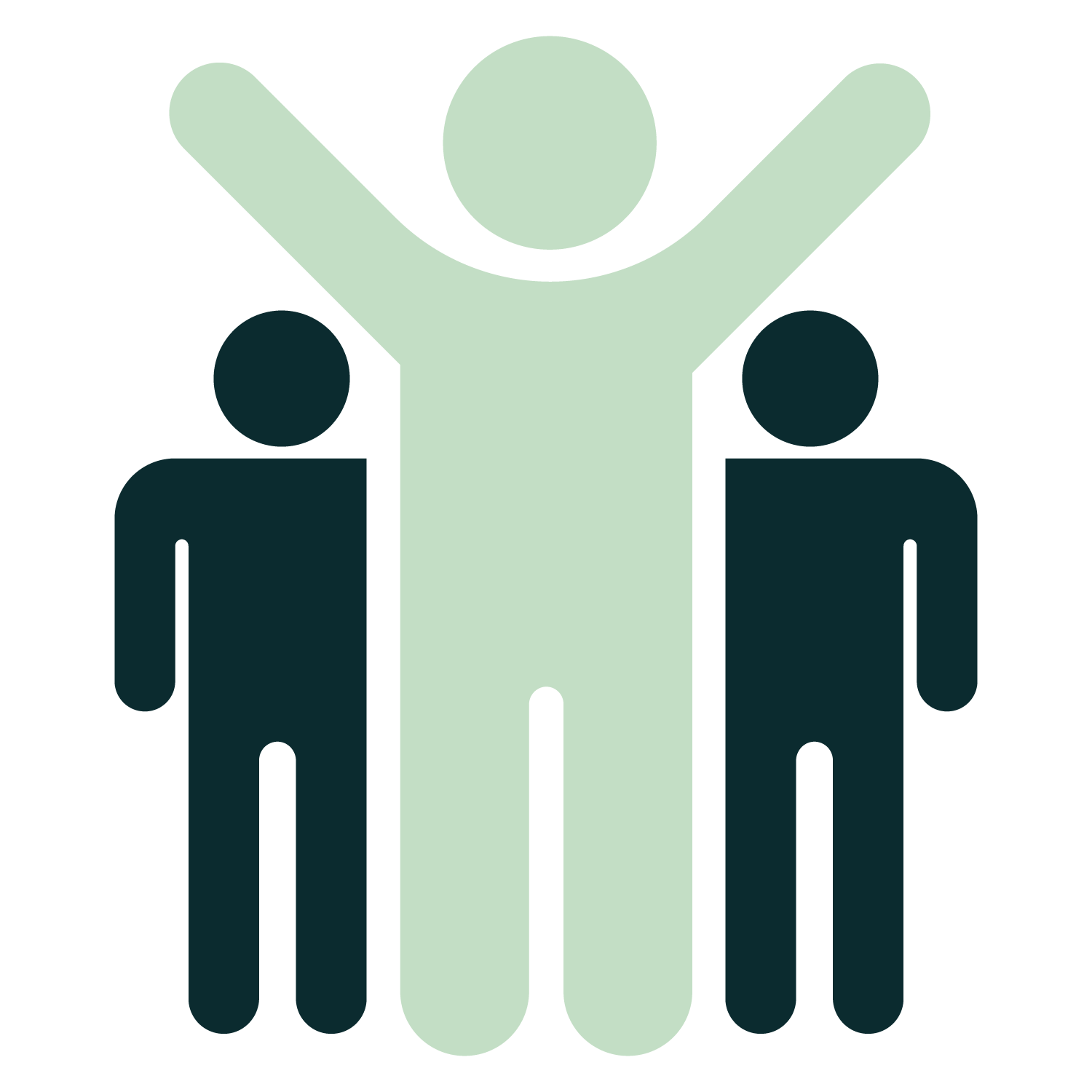 Three stylized figures, one larger in the center with raised arms.