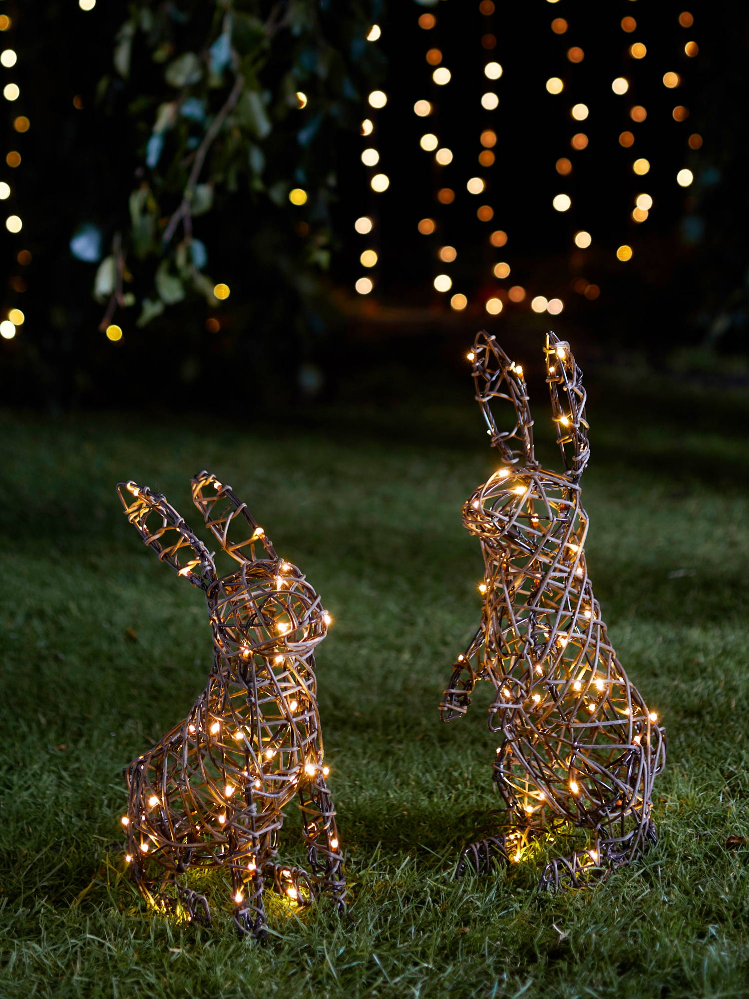 Rattan bunnies illuminated on lawn