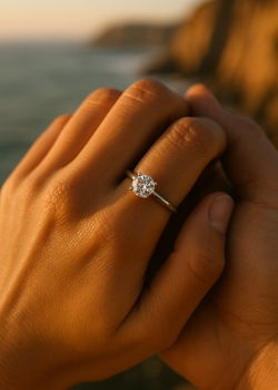 Close-up of an engagement ring on a woman’s hand at sunset with a romantic coastal background.