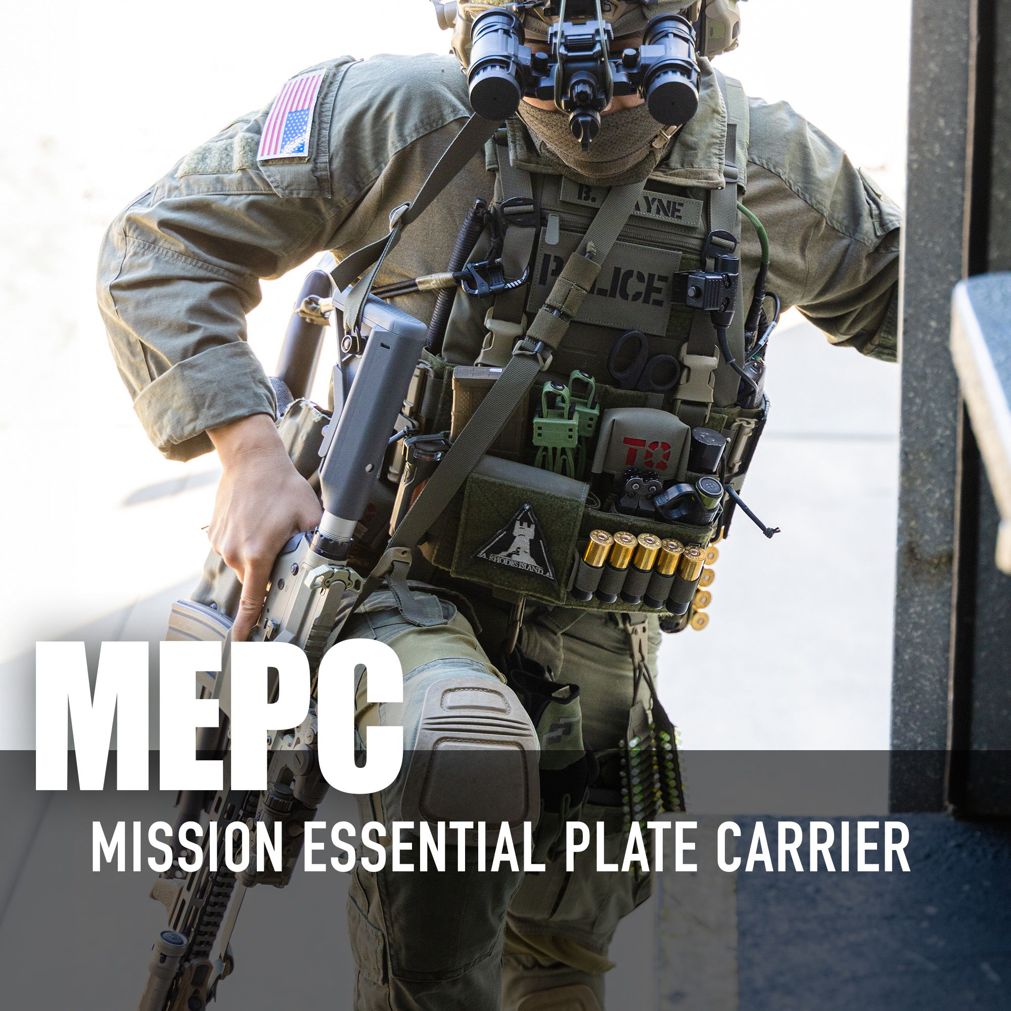 Soldier wearing a tactical vest with gear and a firearm.