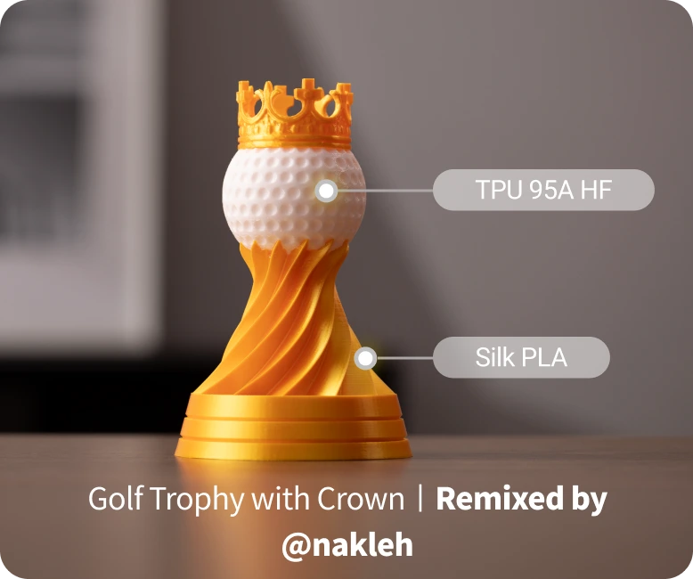 Golf trophy with crown, made from TPU and Silk PLA materials.