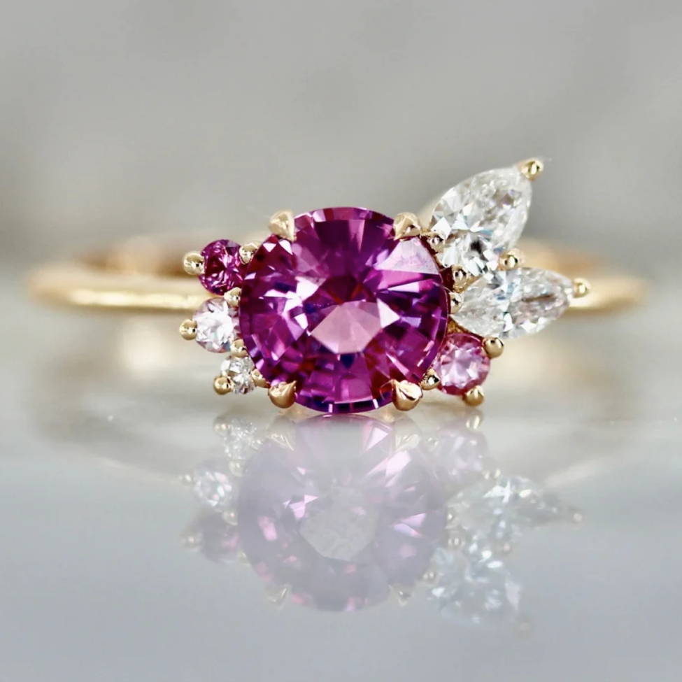 pink moon round brilliant cut sapphire cluster ring