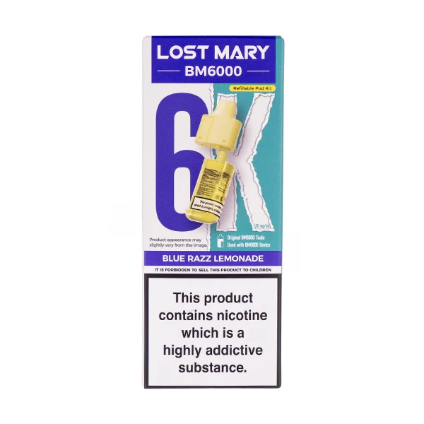 A picture of a Blue Razz Lemonade BM6000 prefilled + refill pod pack.