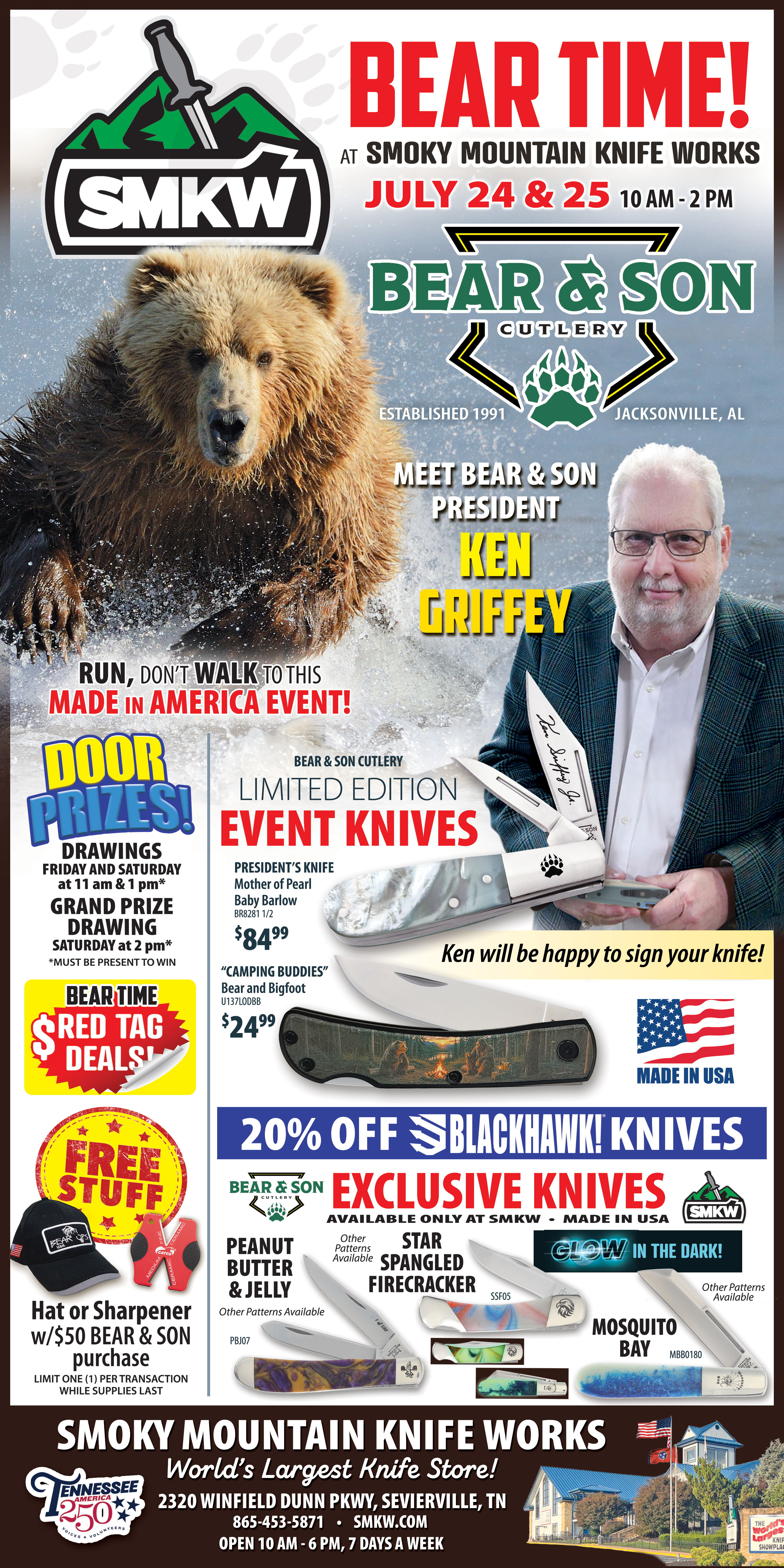 Promotional flyer for Smoky Mountain Knife Works event featuring a Bear & Son Cutlery and Ken Griffey.