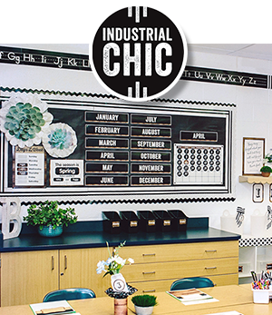 Classroom wall decorated with Schoolgirl Style Industrial Chic Black and White Calendar Bulletin Board Set