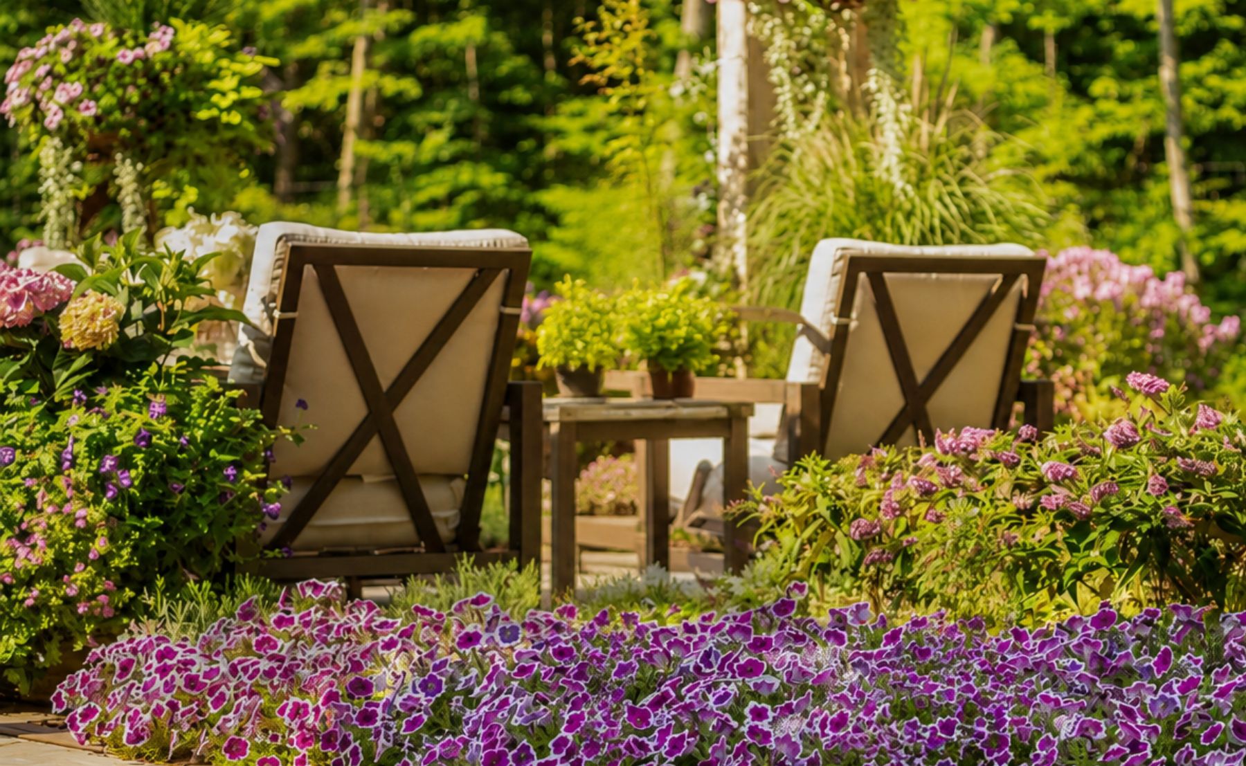 Garden full of Pugster Blue® and Supertunia® Hoopla® Vivid Orchid™