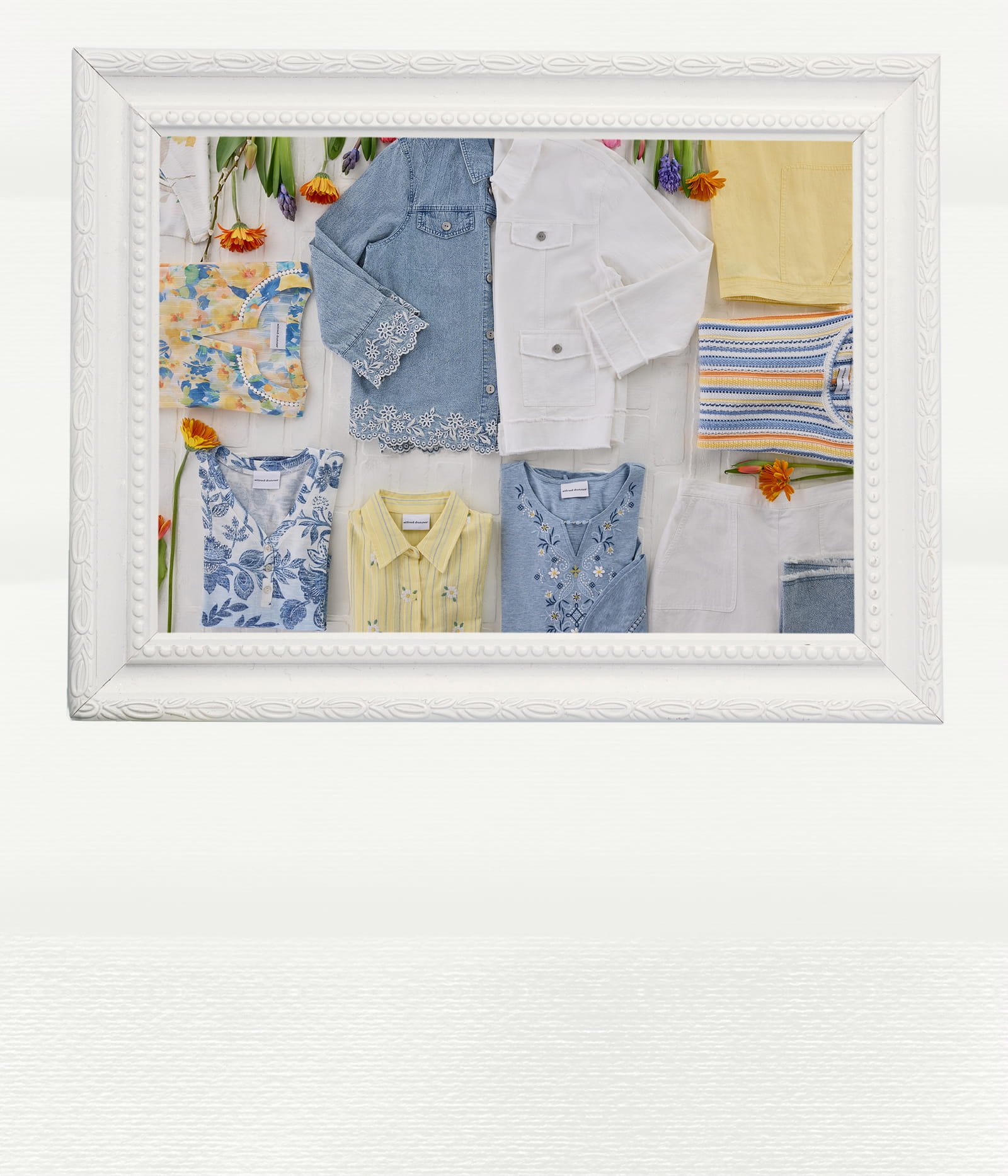 A display of various colorful clothing items arranged in a grid.