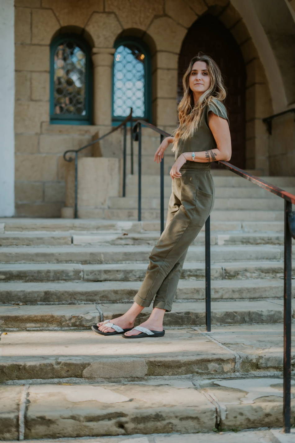 woman wearing orthotic sandals for foot support