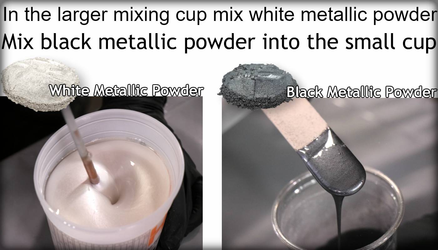 Mix white metallic powder in a larger cup and black metallic powder in a smaller cup.