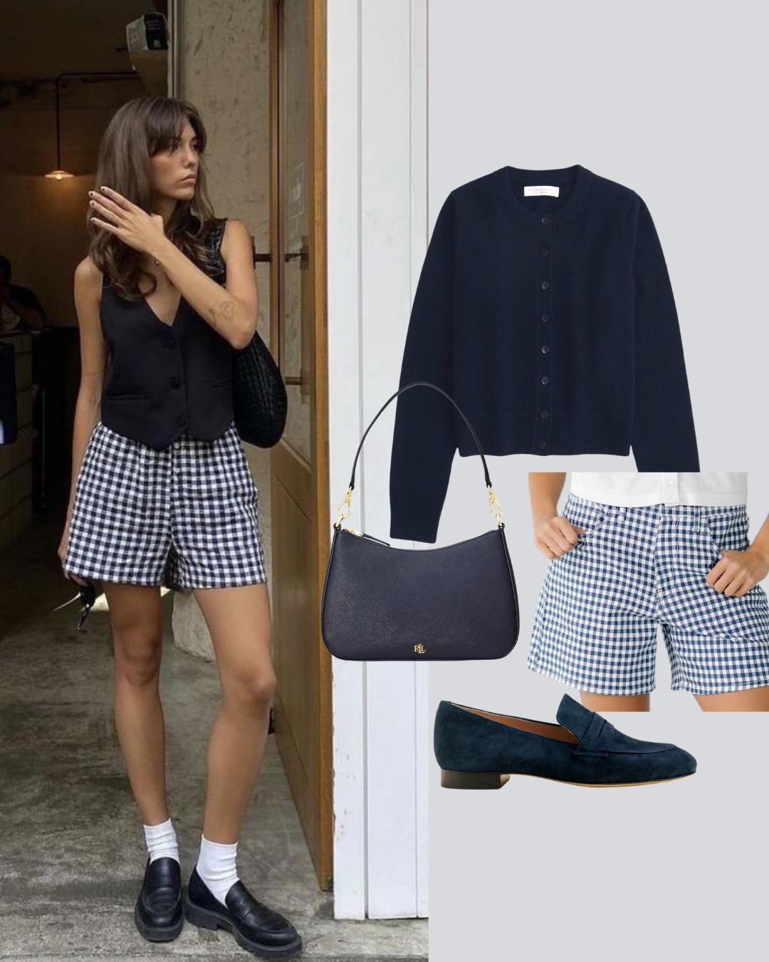 A person wearing a black vest, checkered shorts, and accessories.