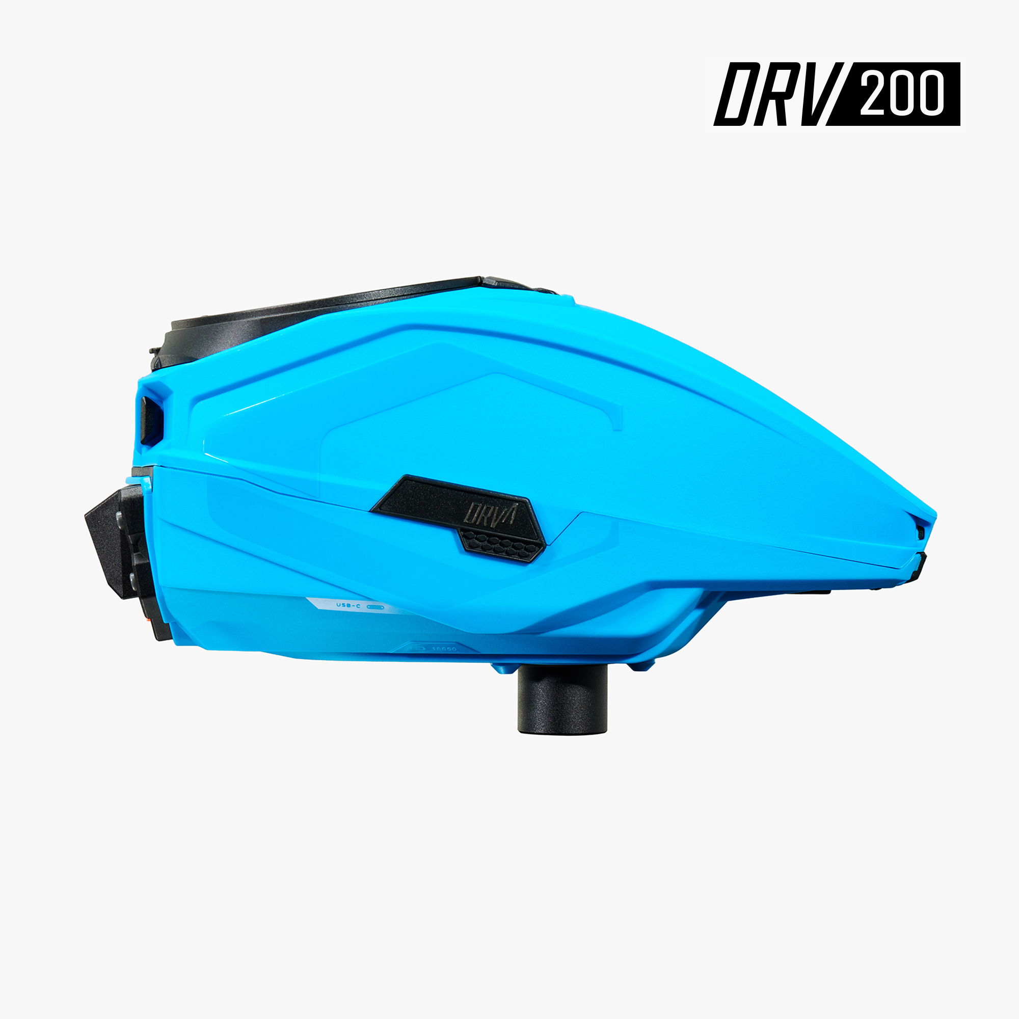 Blue paintball hopper with sleek design and label 