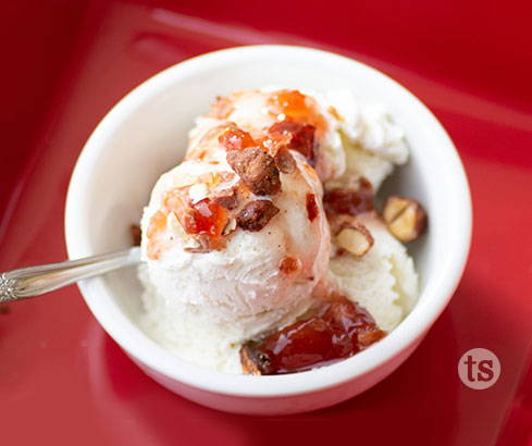 ice cream with apple berry sauce