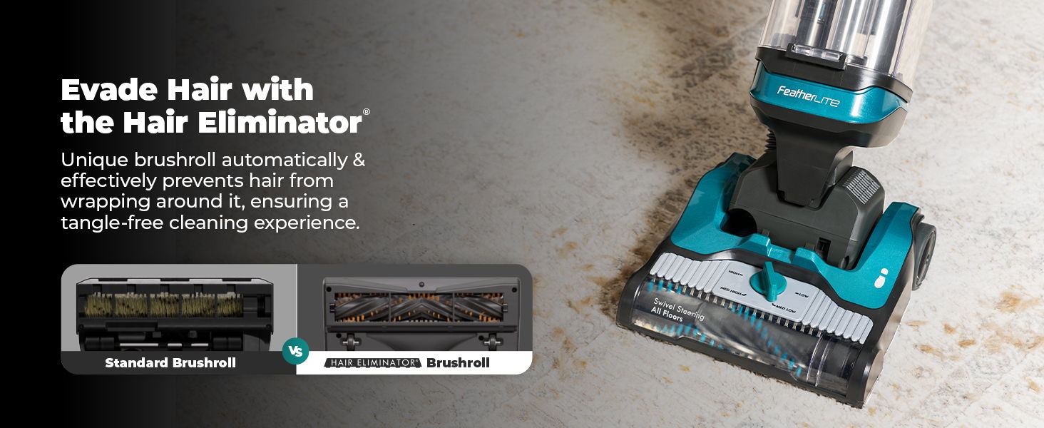 Vacuum cleaner with Hair Eliminator feature on a floor surface.