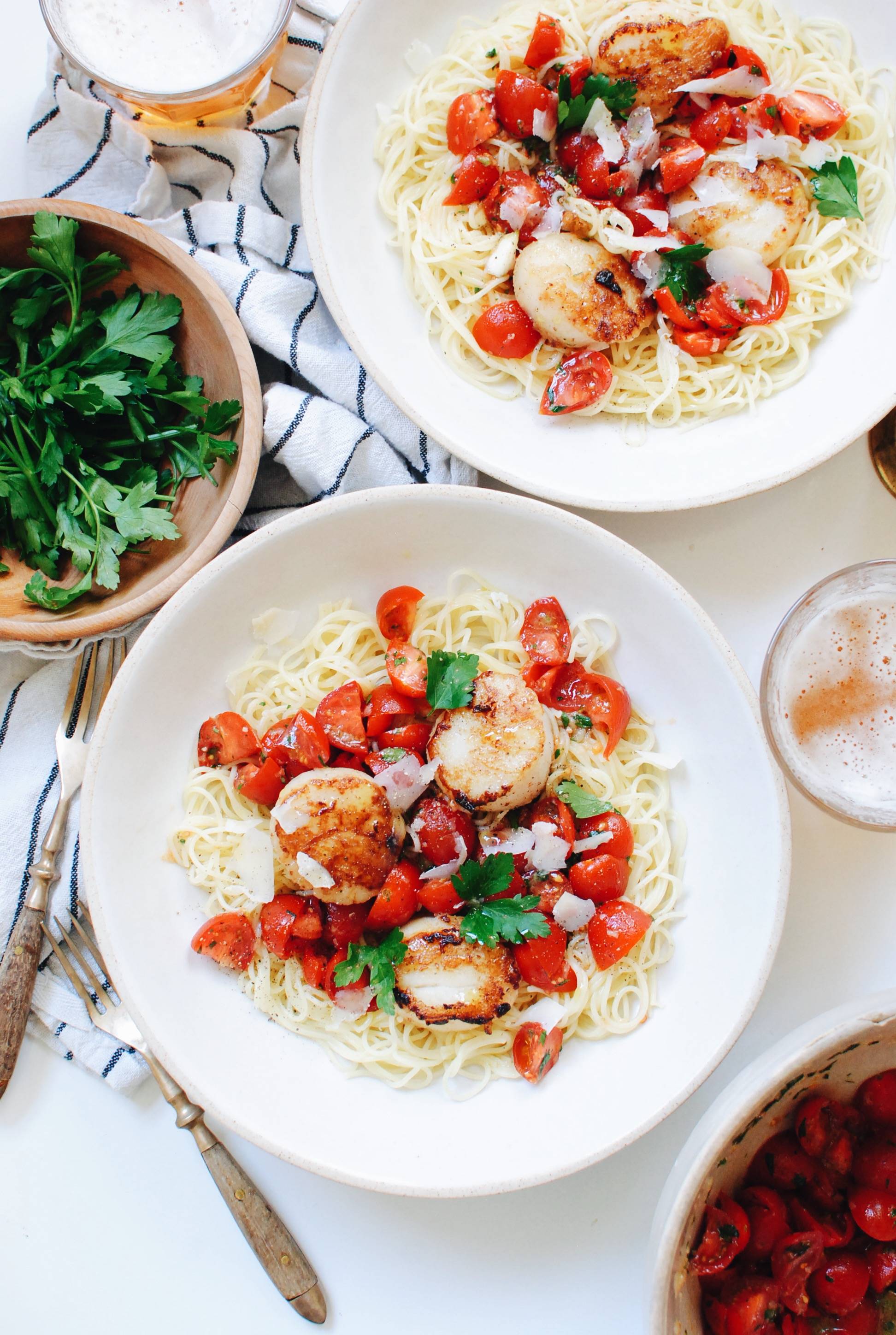 Capellini Pasta With Marinated Tomatoes And Seared Scallops