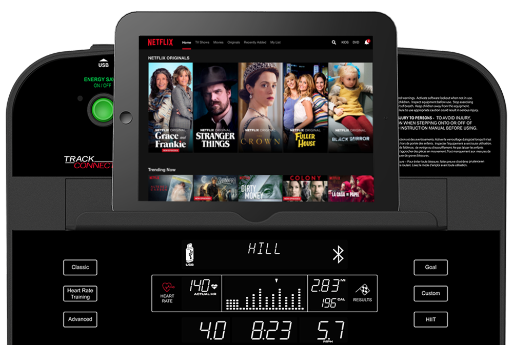 Track Connect Console with tablet on device holder playing Netflix
