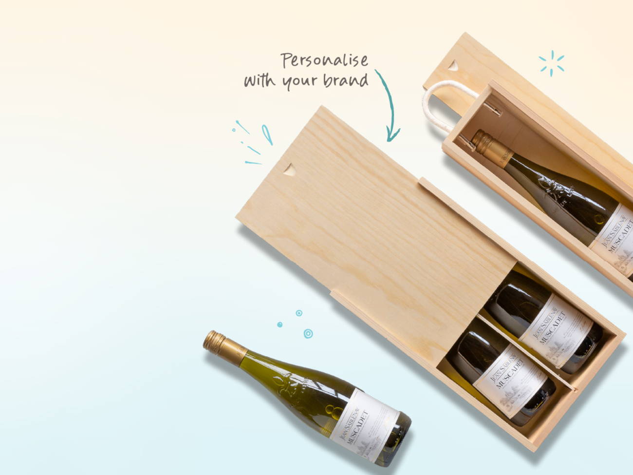 All about wine - some wooden bottle boxes with drinks bottles inside them and the text personalise with your brand