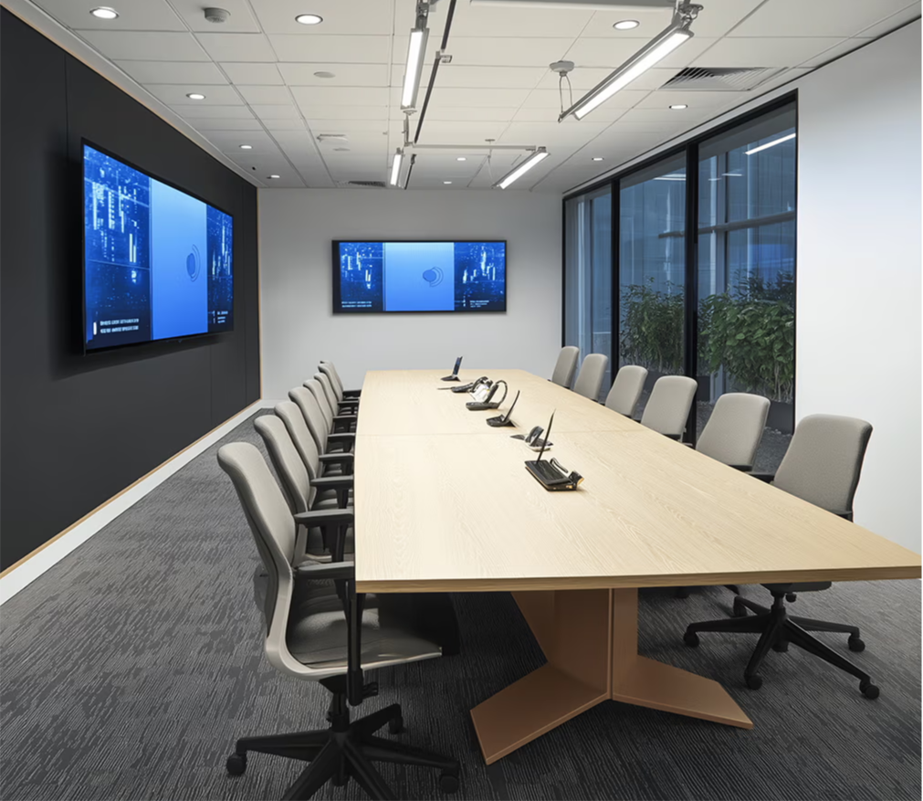 Modern conference room with a long table and two screens.