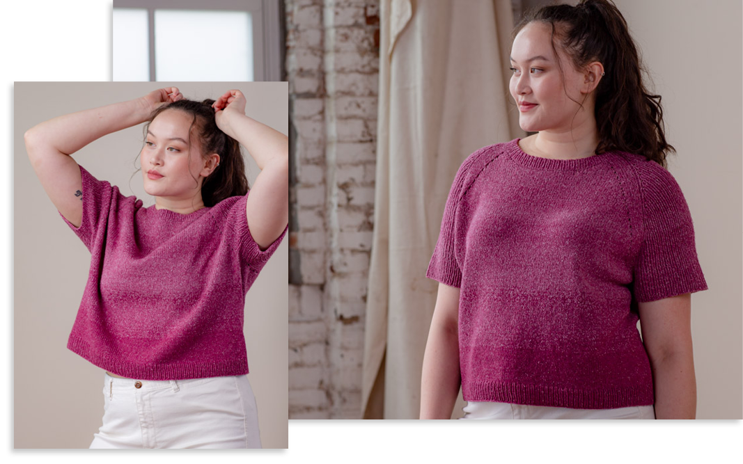 Dapple Collection | Model wearing Ginn a new garment knit in Dapple color Cerise.