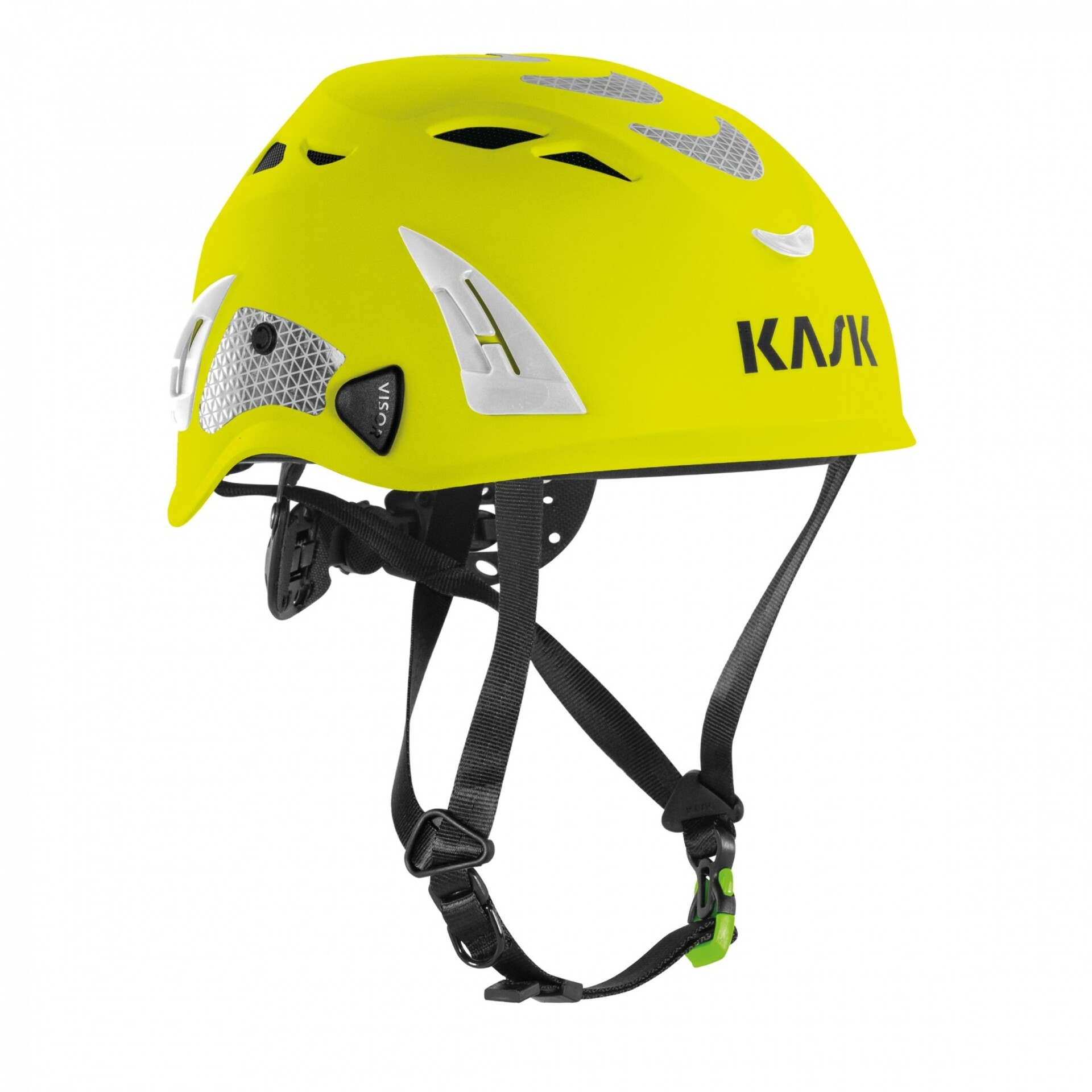Bright yellow climbing helmet with adjustable straps and ventilation.