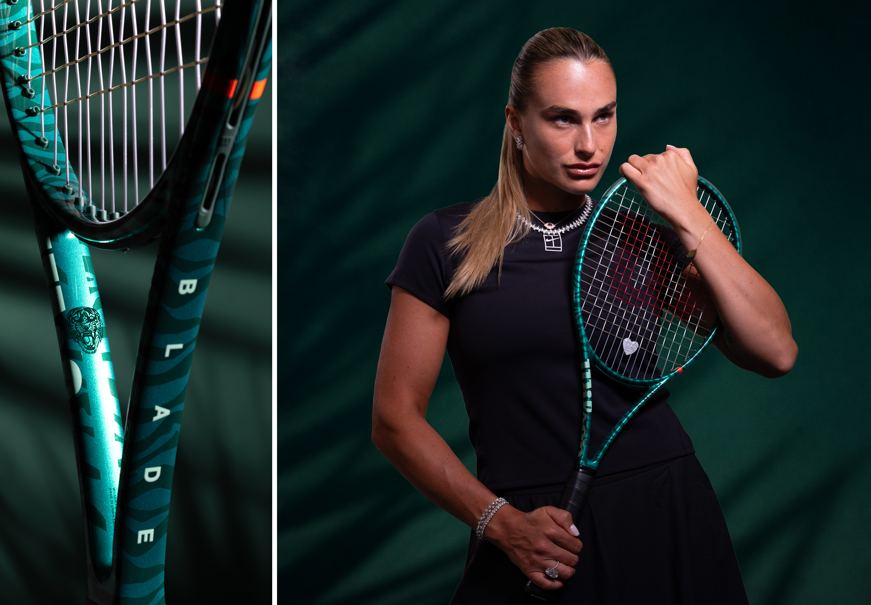 A tennis player poses with a racket against a dark background.