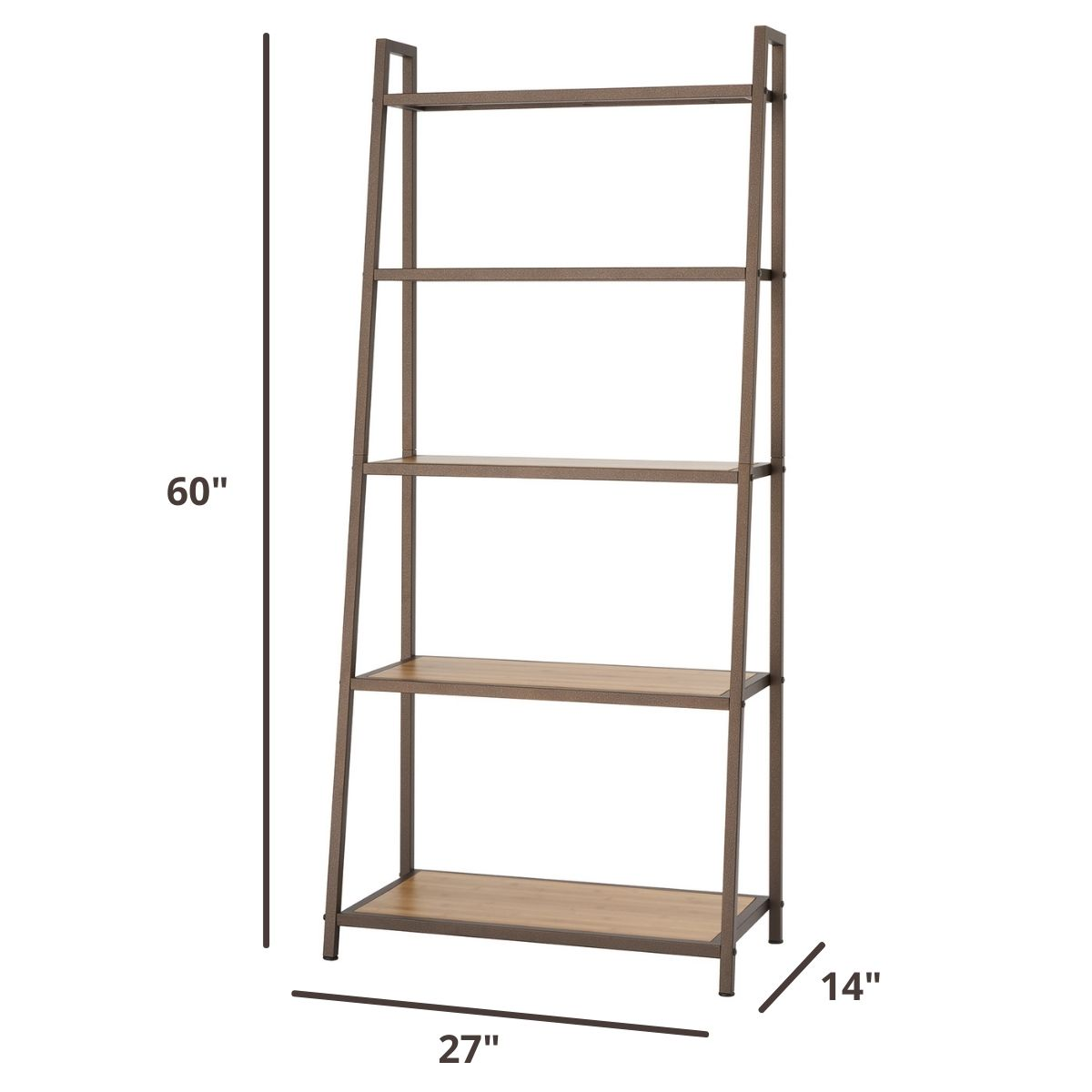 60 inches tall by 27 inches wide by 14 inches deep leaning shelving rack
