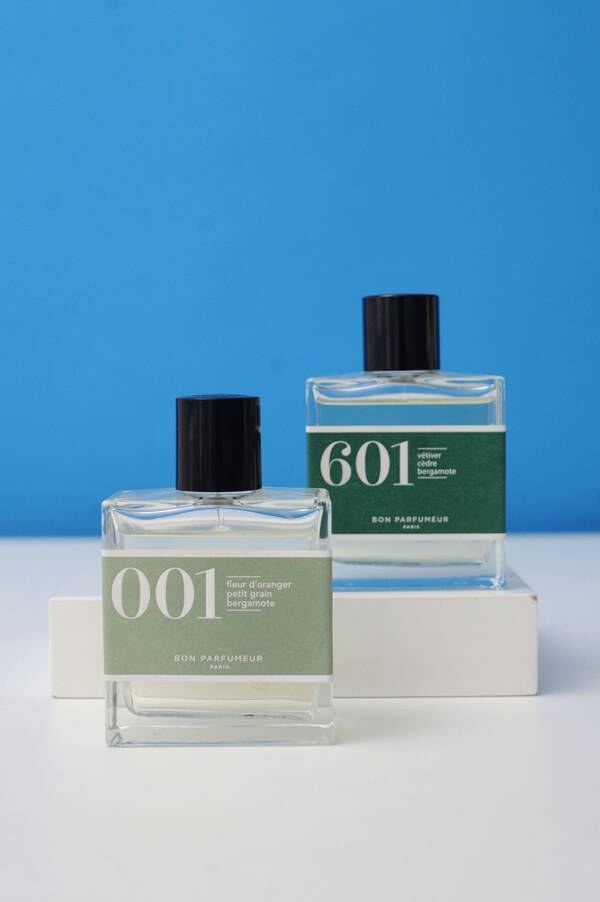 A styled image of Bon Parfumeur 001 and 601 Eau de Parfums.