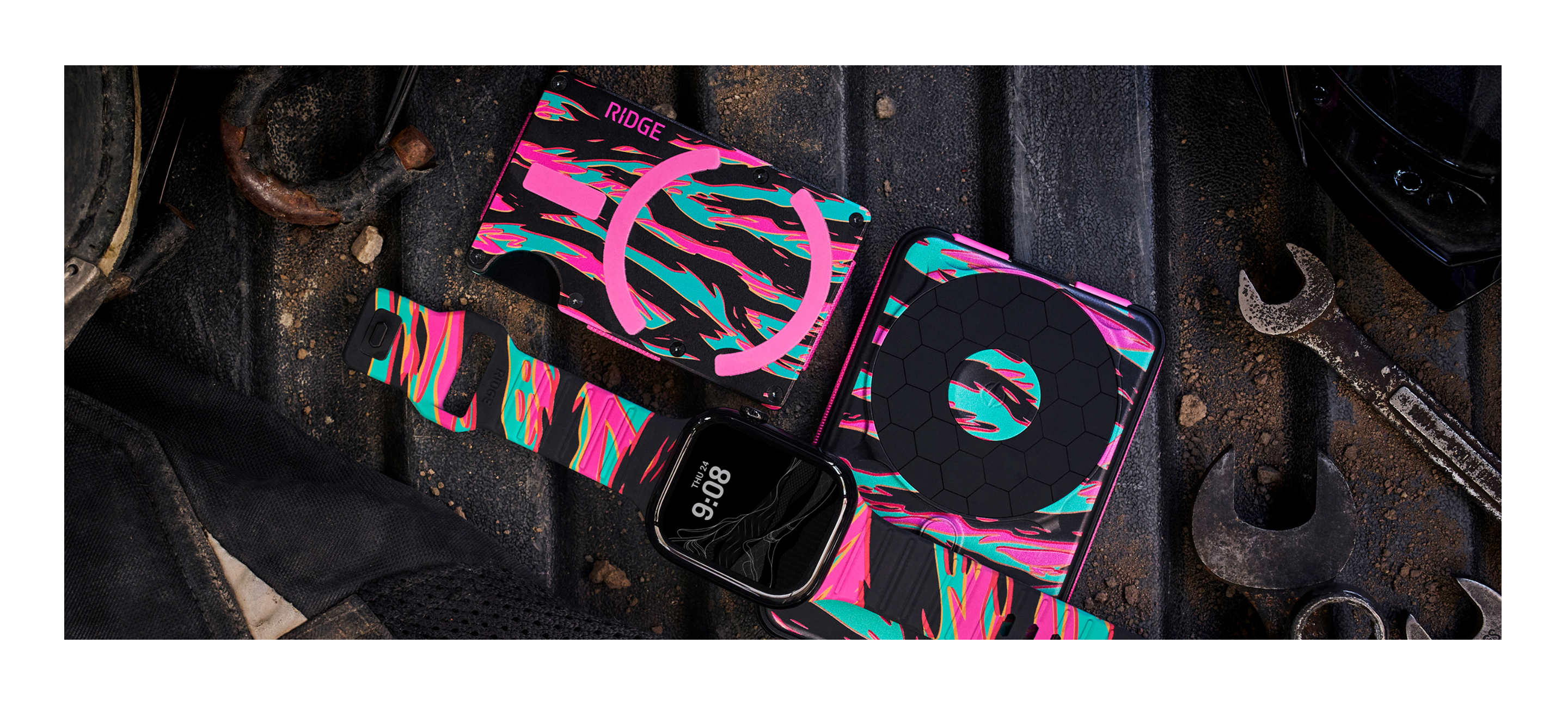 Colorful patterned accessories on a workbench with tools.