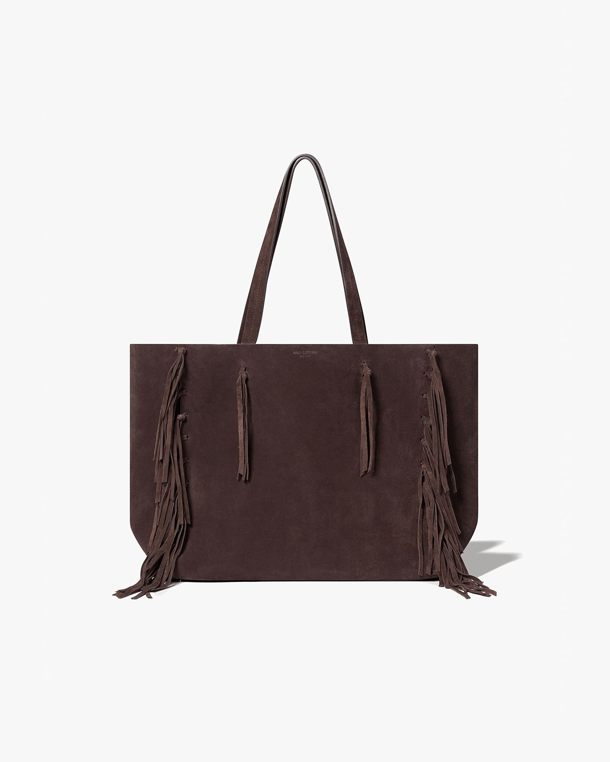 Brown tote bag with fringe detailing and two handles.