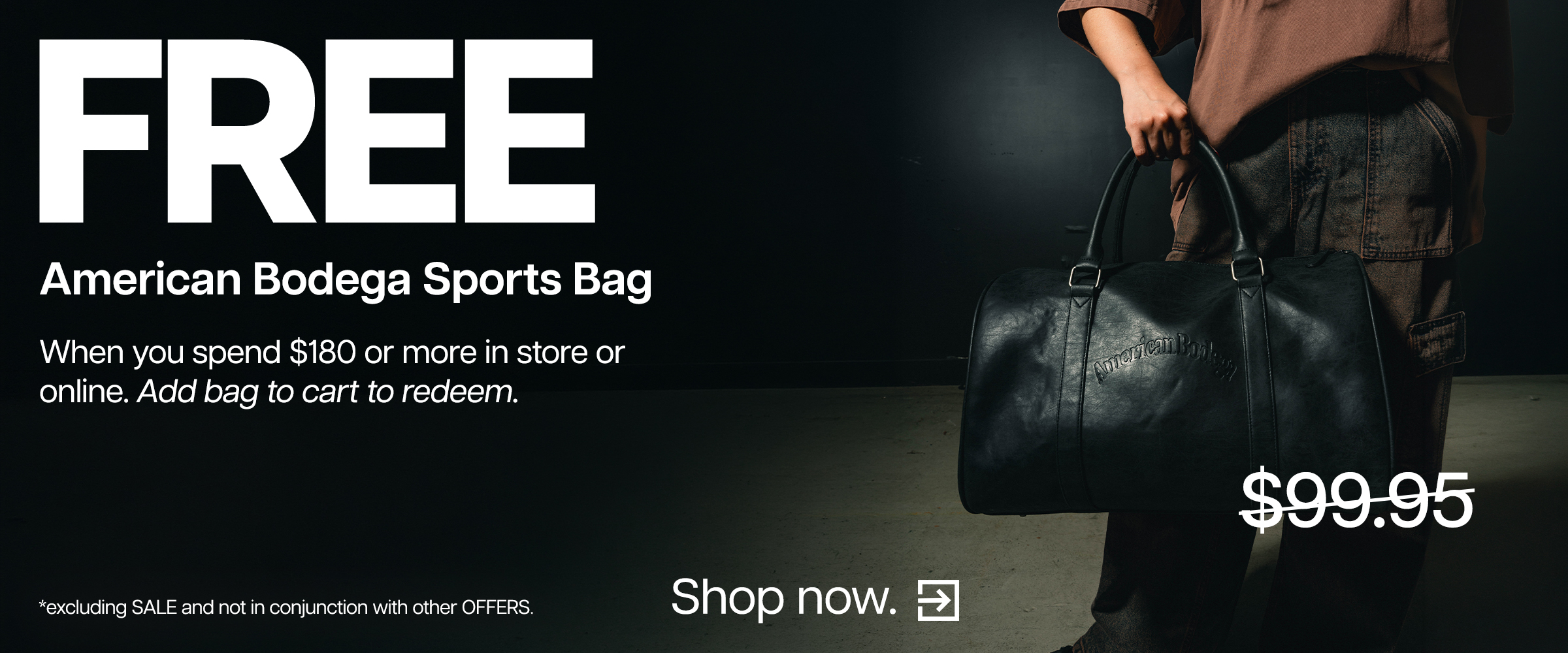 Promotional banner for a free sports bag with purchase.