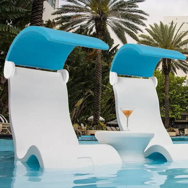 An in-pool chair offers lumbar support and is Designed for use in water on a pool ledge with water depths up to 9 inches.