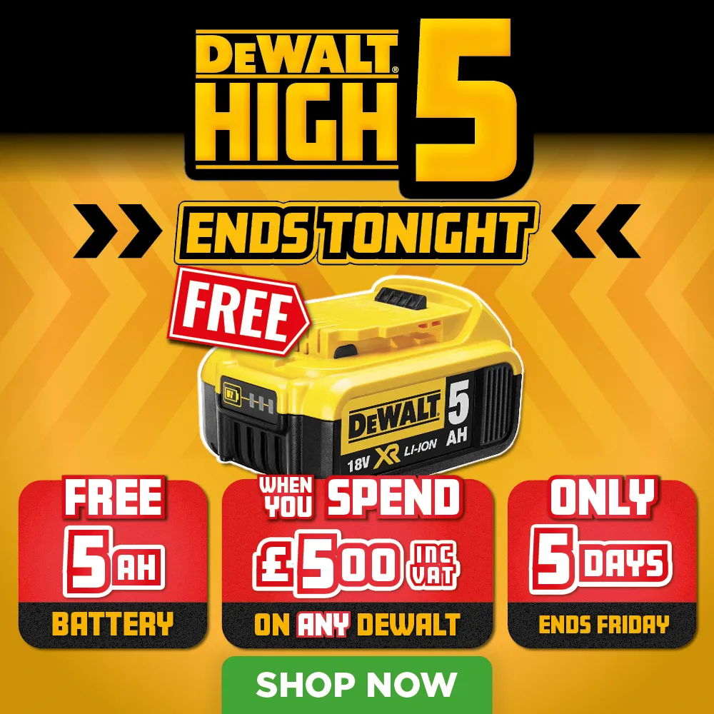 Promotional banner for DeWalt's High 5 sale, offering a free battery.