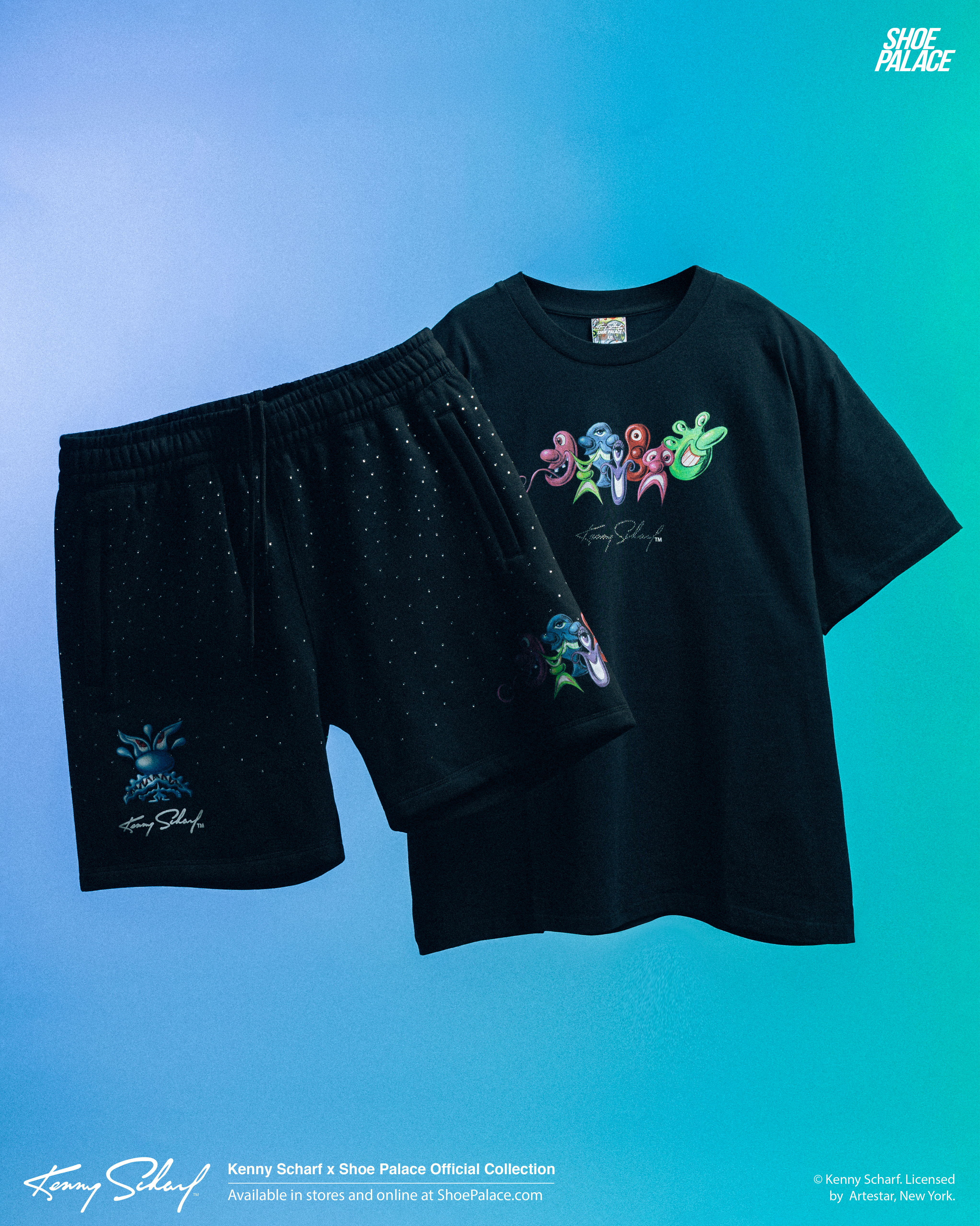 Black t-shirt and shorts set with colorful graphic designs on fabric.