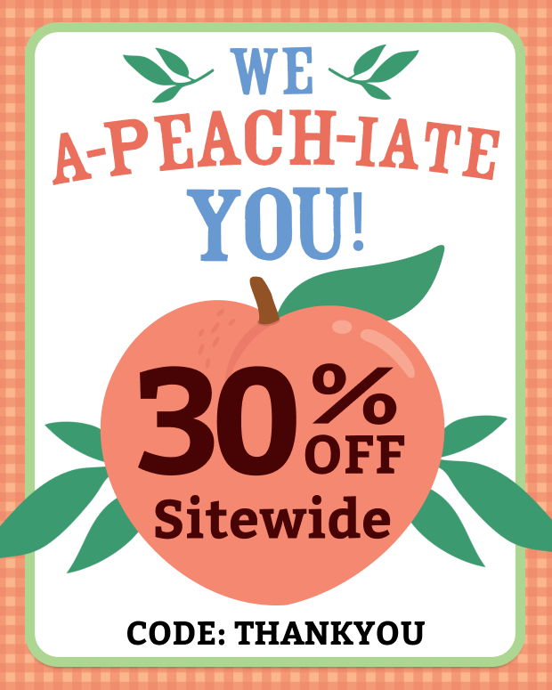 Promotional graphic with peach, text about discount and thank you code.