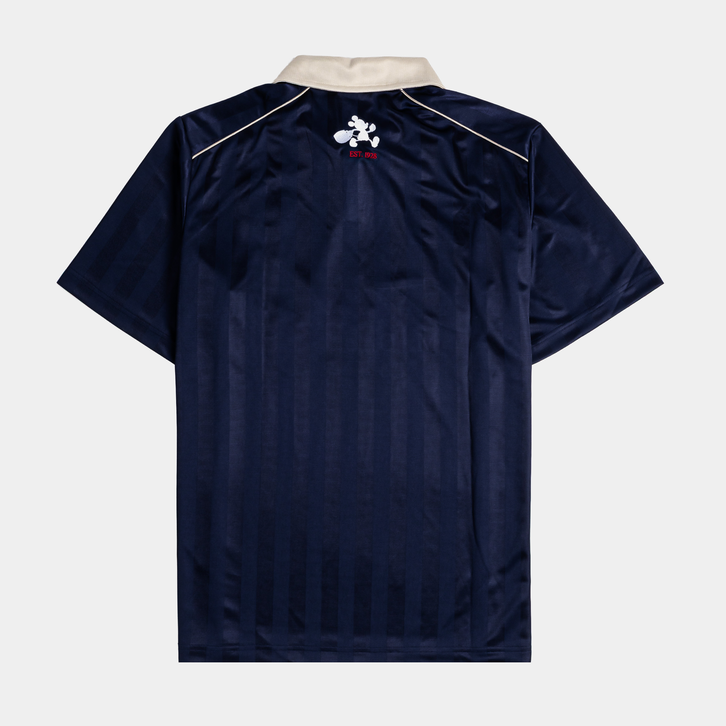 Navy blue polo shirt with Mickey Mouse design and logo.