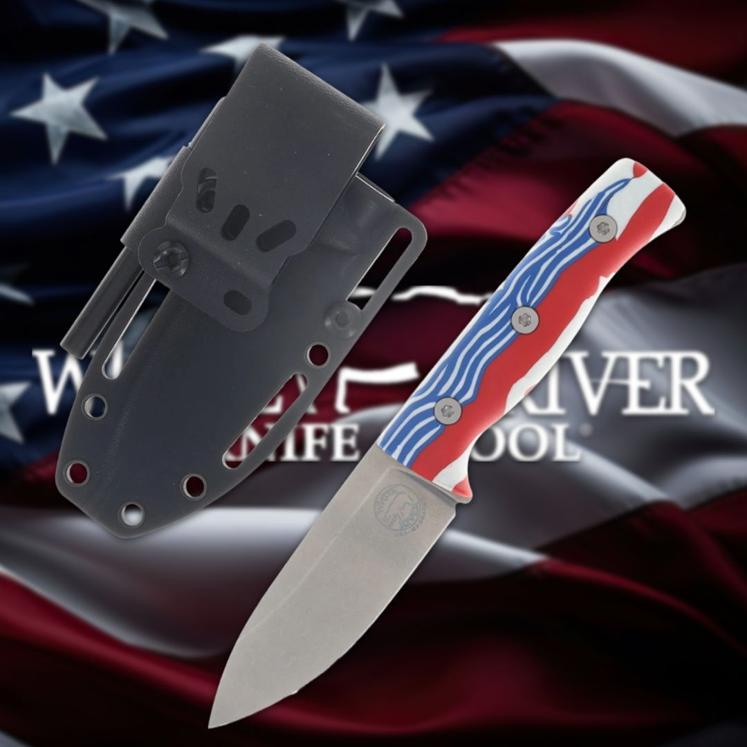 Knife with patriotic handle against an American flag background.