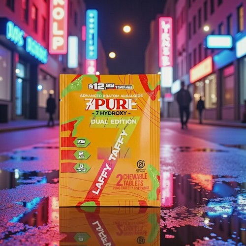 Colorful product box in a vibrant urban night scene with reflections.