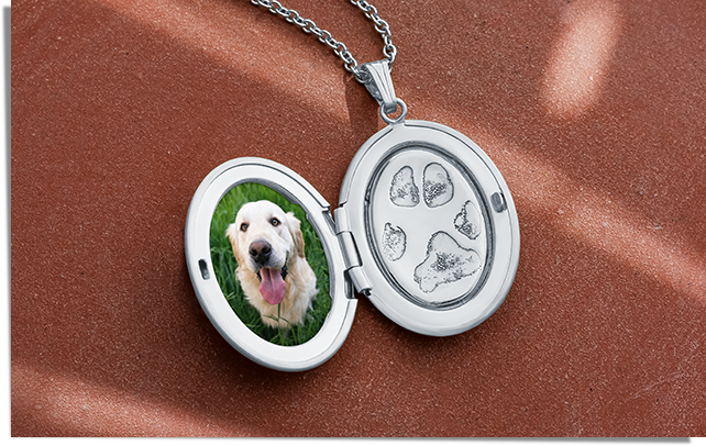 Silver locket with dog photo and paw print inside