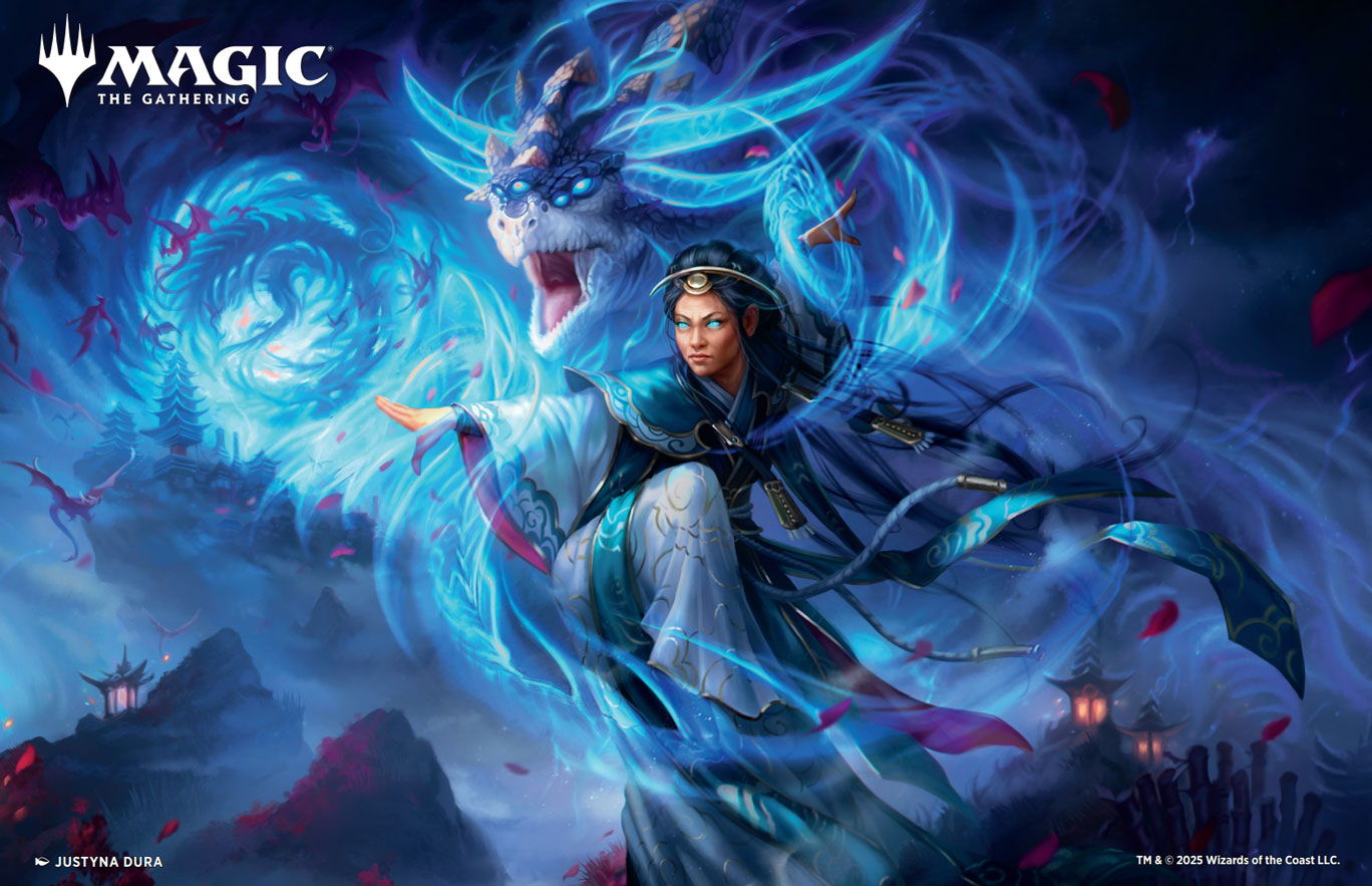 A wizard conjures magic with a dragon in a mystical setting.