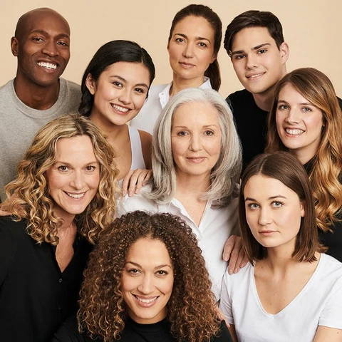 Expert guide on how skin changes with age. Image shows group shot of models of all ages, men and women.