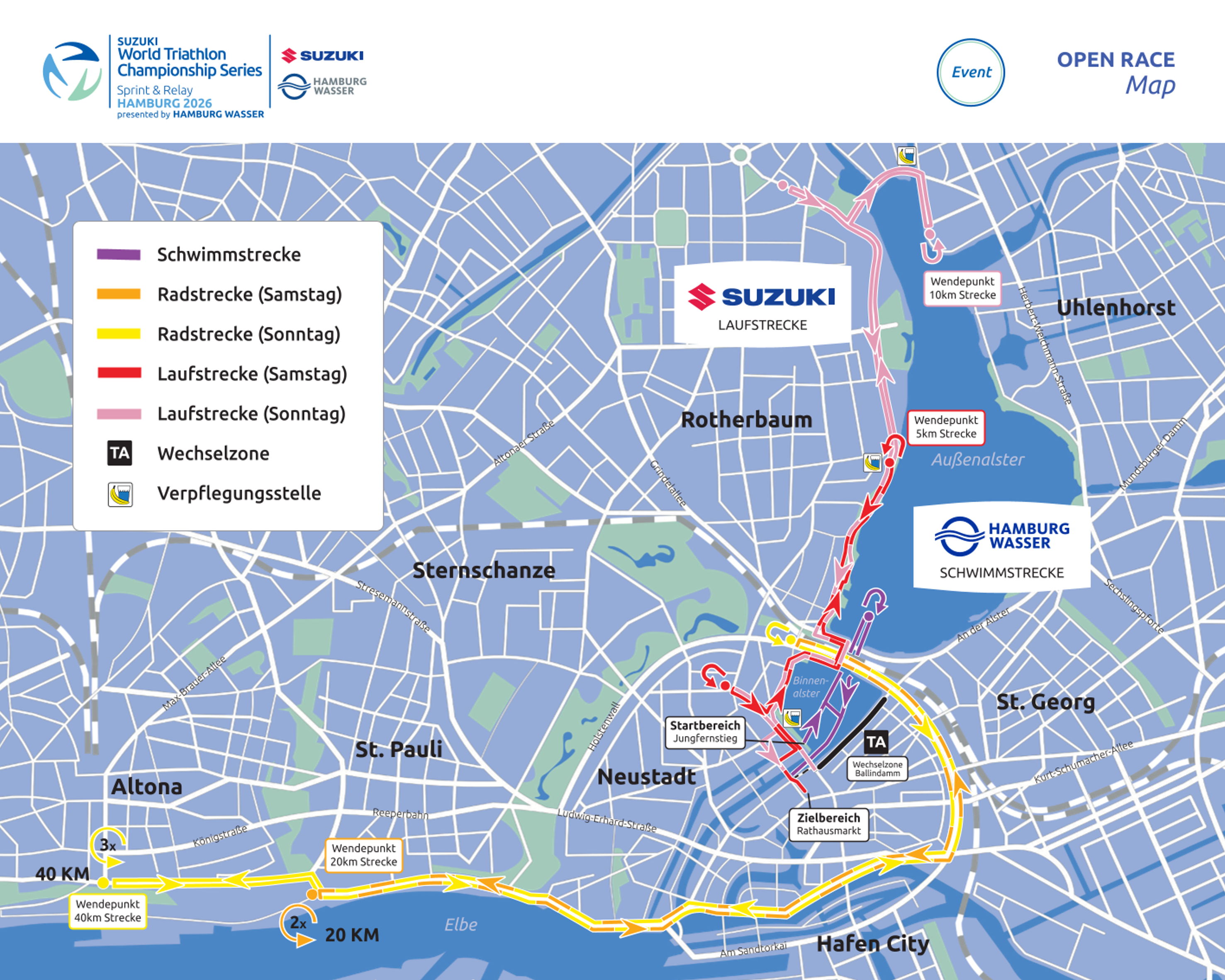 Übersicht Strecken des Triathlon World Series Hamburg 2026.