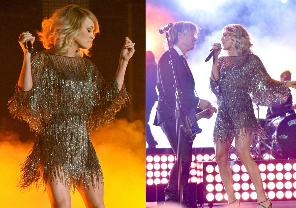 Carrie Underwood performed at the ACM Awards in Las Vegas wearing a Badgley Mischka style from the Fall 2017 collection.