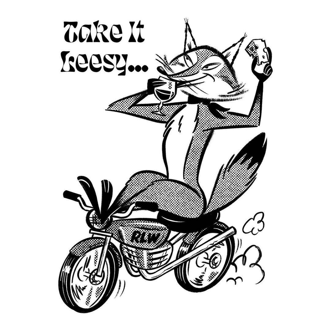 DupliTone halftone illustration of  fox riding a motorcycle Robin Banks