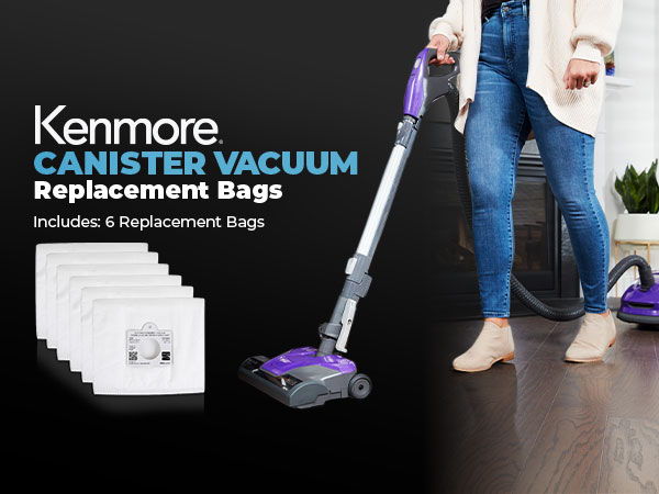 Person using a Kenmore canister vacuum with replacement bags displayed.