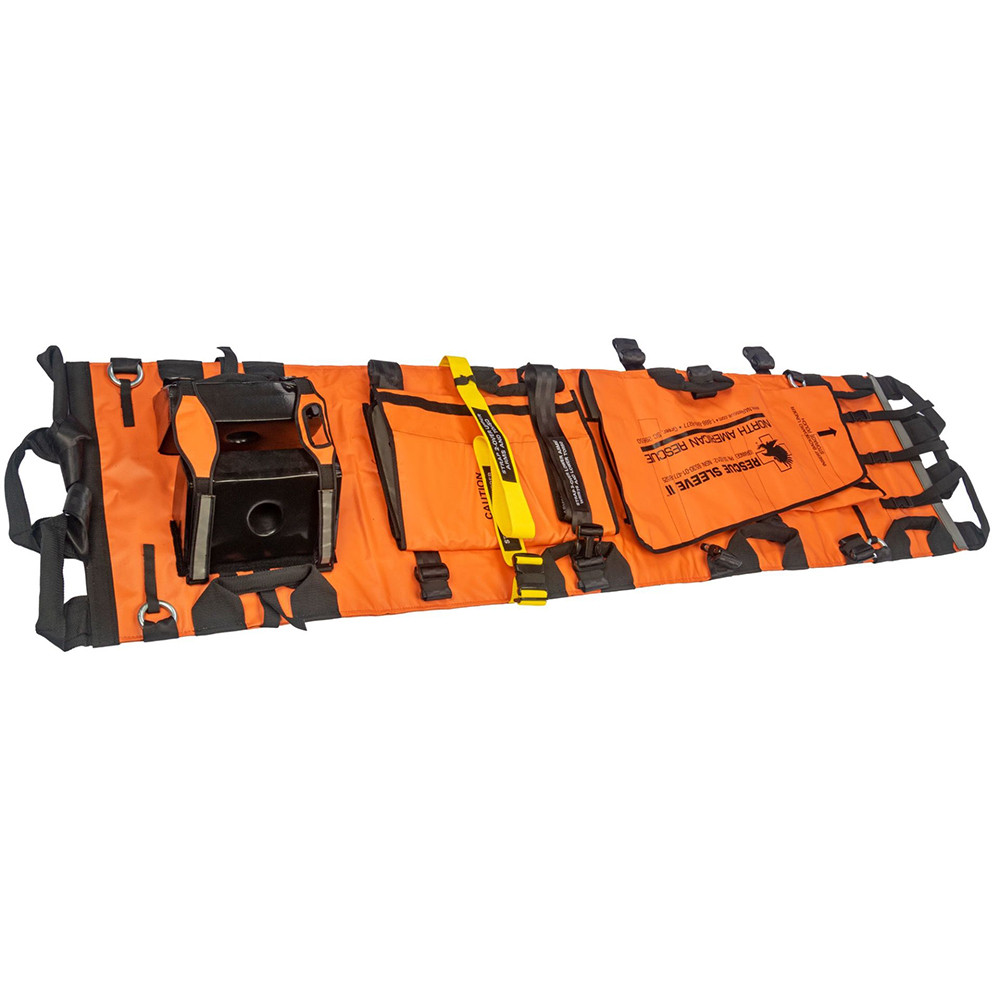 A bright orange rescue stretcher with various straps and a camera attachment.