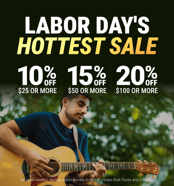Labor Day sale advertisement with discount percentages and a musician playing guitar.