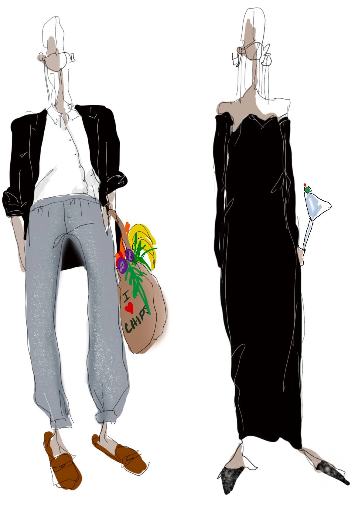 illustration of two women one is in a casual outfit and the other is in a fancy dress