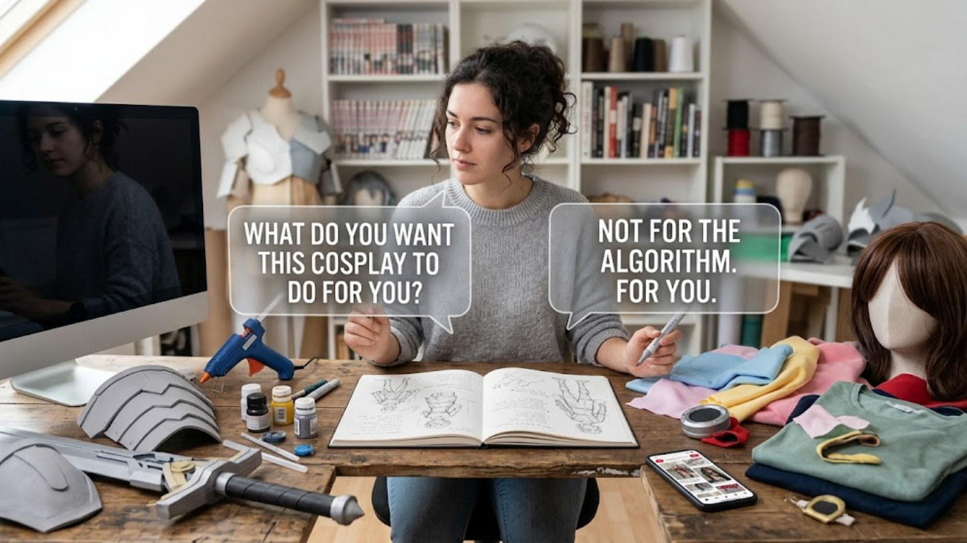 Person planning a cosplay concept while considering two key questions to narrow down inspiration and character choice