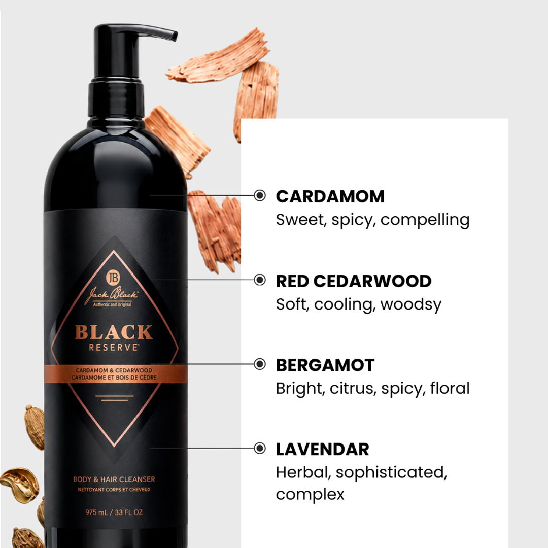 Black bottle with fragrance notes: cardamom, red cedarwood, bergamot, lavendar.