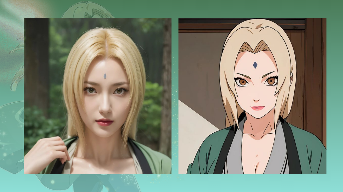 Side-by-side comparison of Tsunade cosplay makeup and anime illustration showing the Strength of a Hundred Seal and natural Hokage look